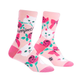 Crew socks in light pink featuring white cats, pink roses, pink bows, and the text 'Purrfect!'