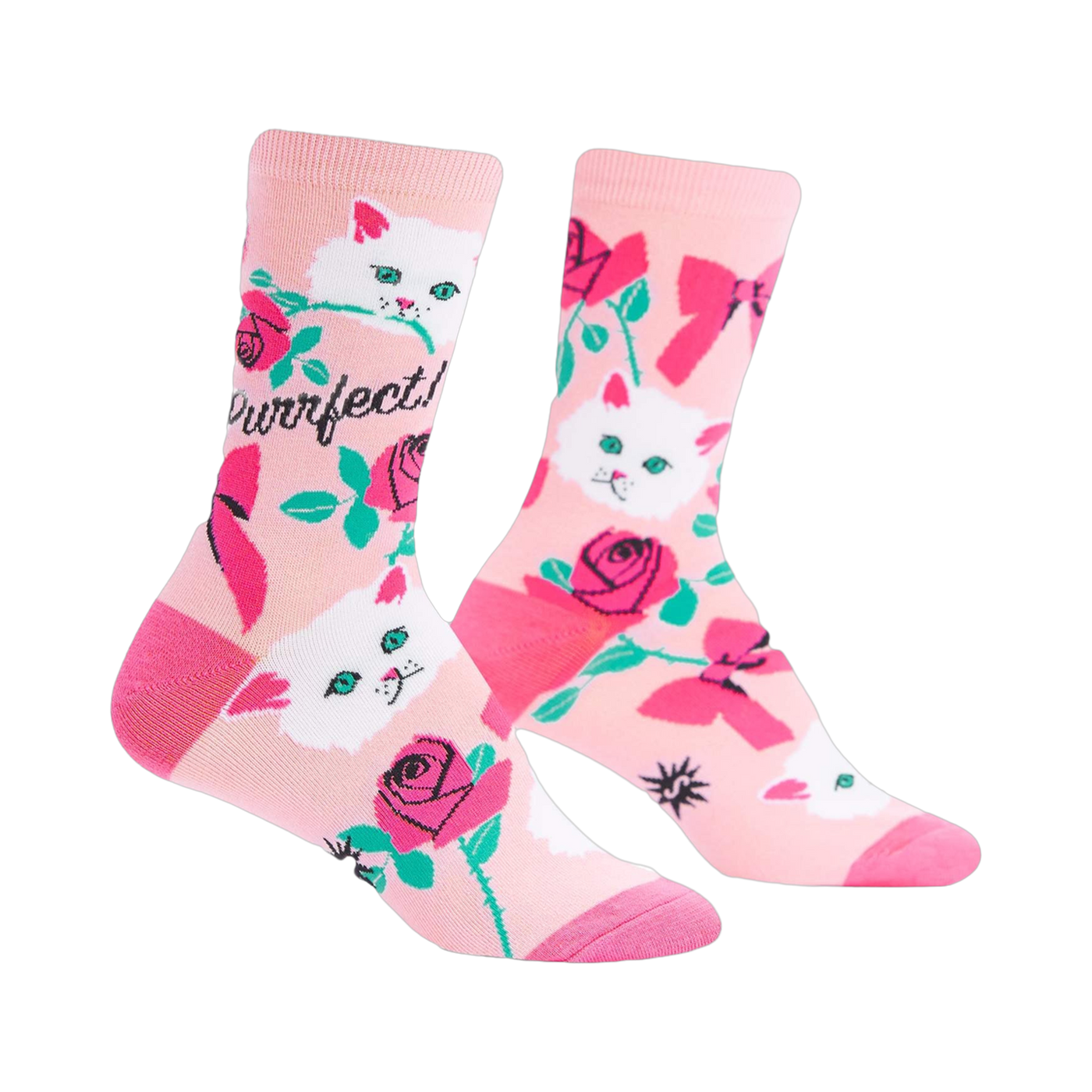 Crew socks in light pink featuring white cats, pink roses, pink bows, and the text 'Purrfect!'