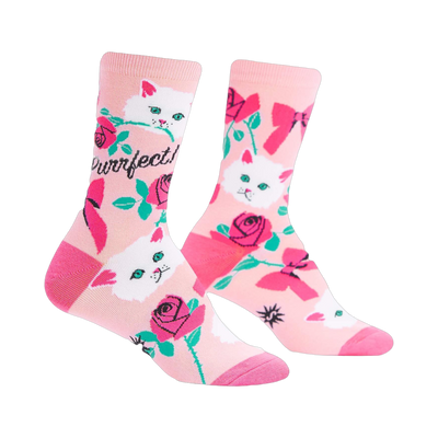 Crew socks in light pink featuring white cats, pink roses, pink bows, and the text 'Purrfect!'
