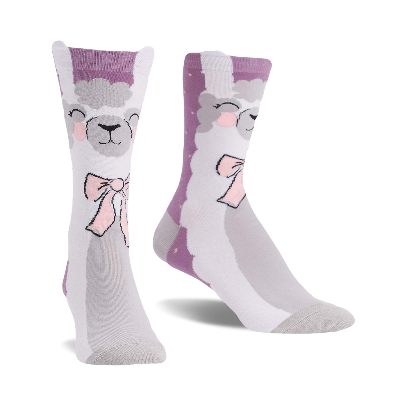 Pair of crew socks showcasing a whimsical llama design.  The socks are primarily grey and light purple with a cute llama face and pink bow.