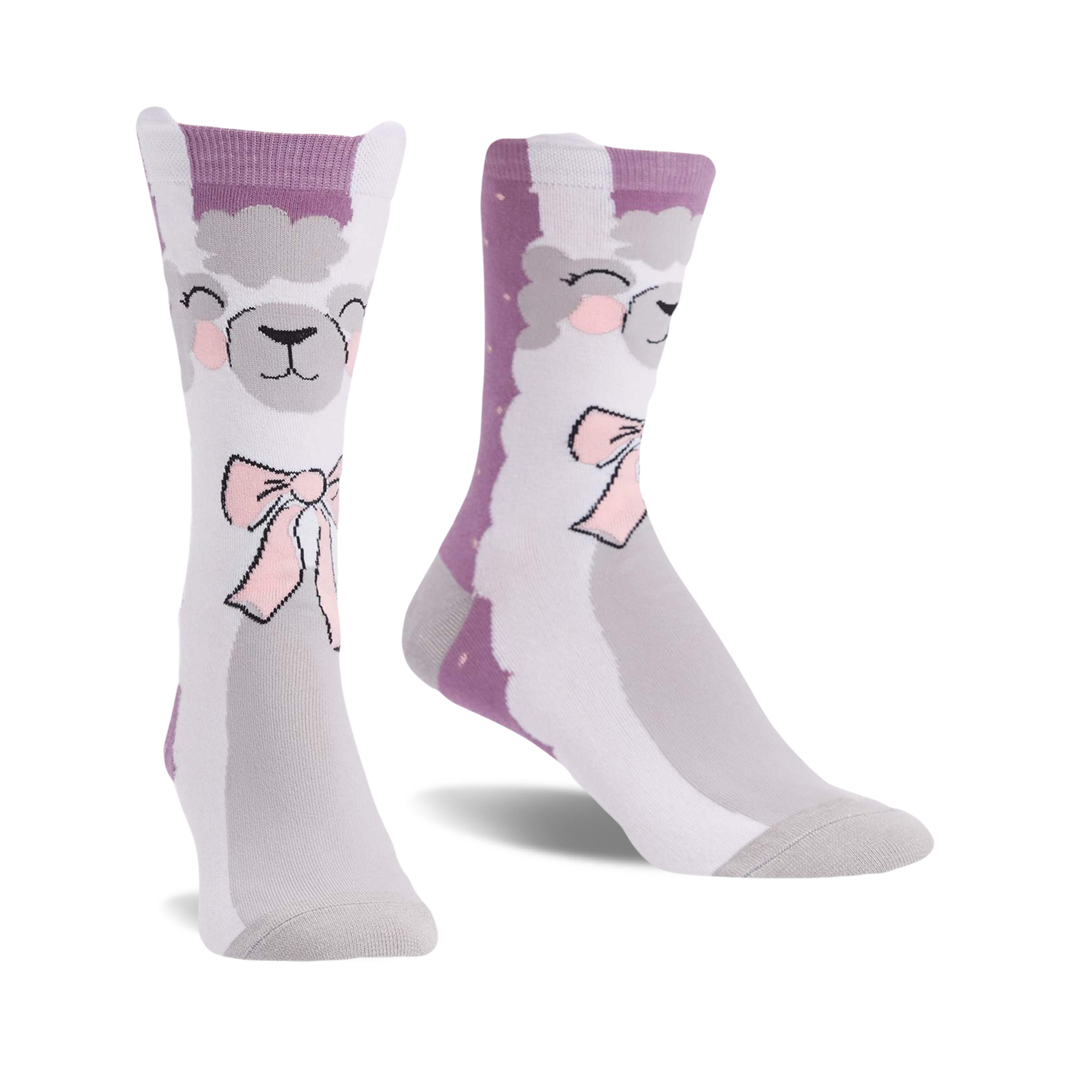 Pair of crew socks showcasing a whimsical llama design.  The socks are primarily grey and light purple with a cute llama face and pink bow.