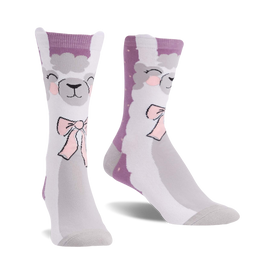 crew length socks in white with grey llama pattern and pink bows, designed for women.  
