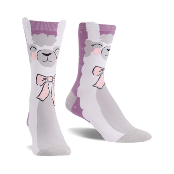 crew length socks in white with grey llama pattern and pink bows, designed for women.  
