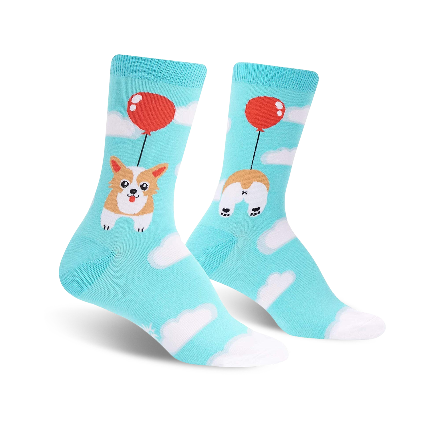 Crew socks in teal blue featuring a corgi dog attached to a red balloon, floating amongst white clouds.  The other sock displays the corgi's bottom.