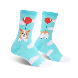 cartoon dog with balloons patterned crew socks for women in light blue with white clouds and red balloons.  