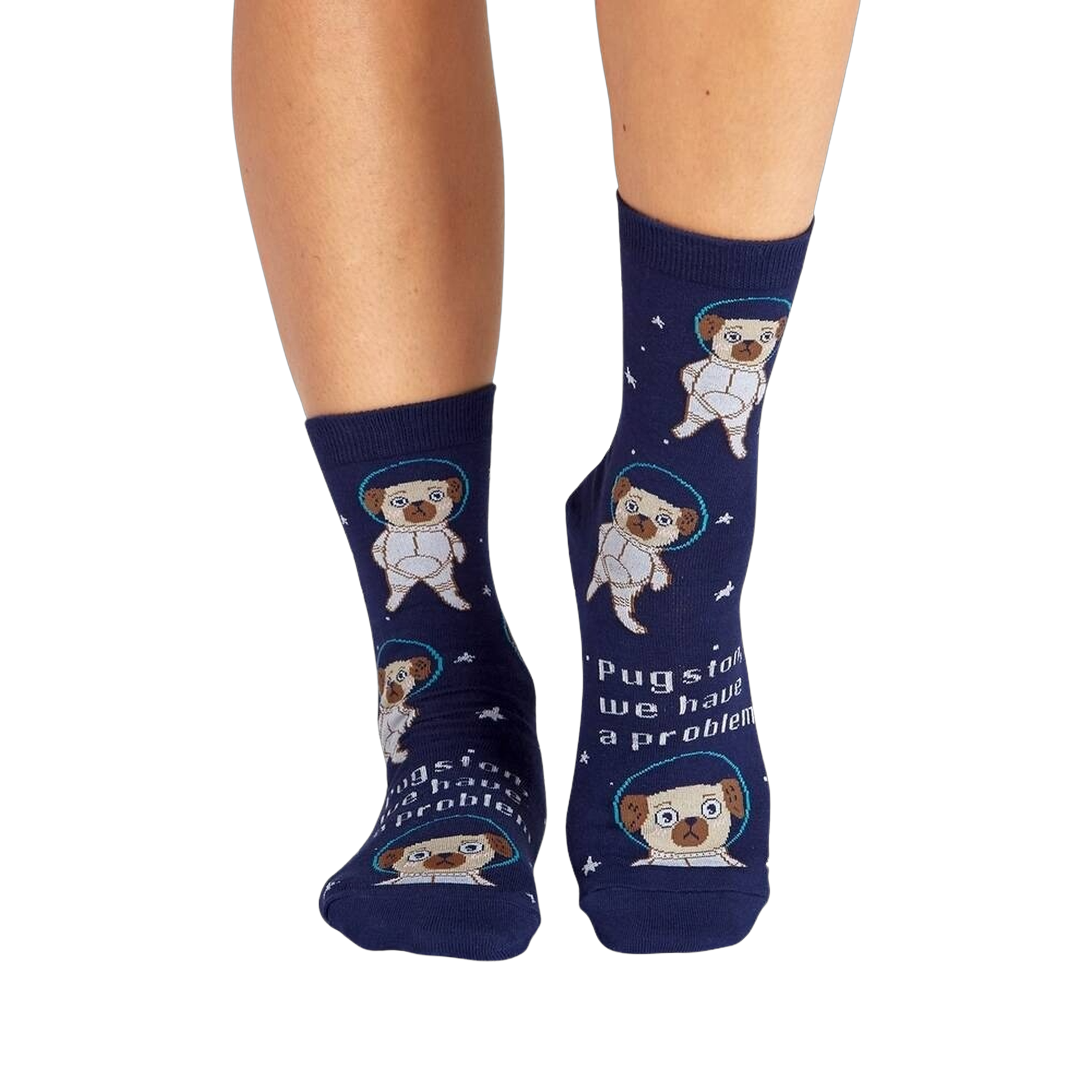 Lifestyle shot showing the socks on a person's legs. The socks are navy blue with pugs dressed as astronauts.