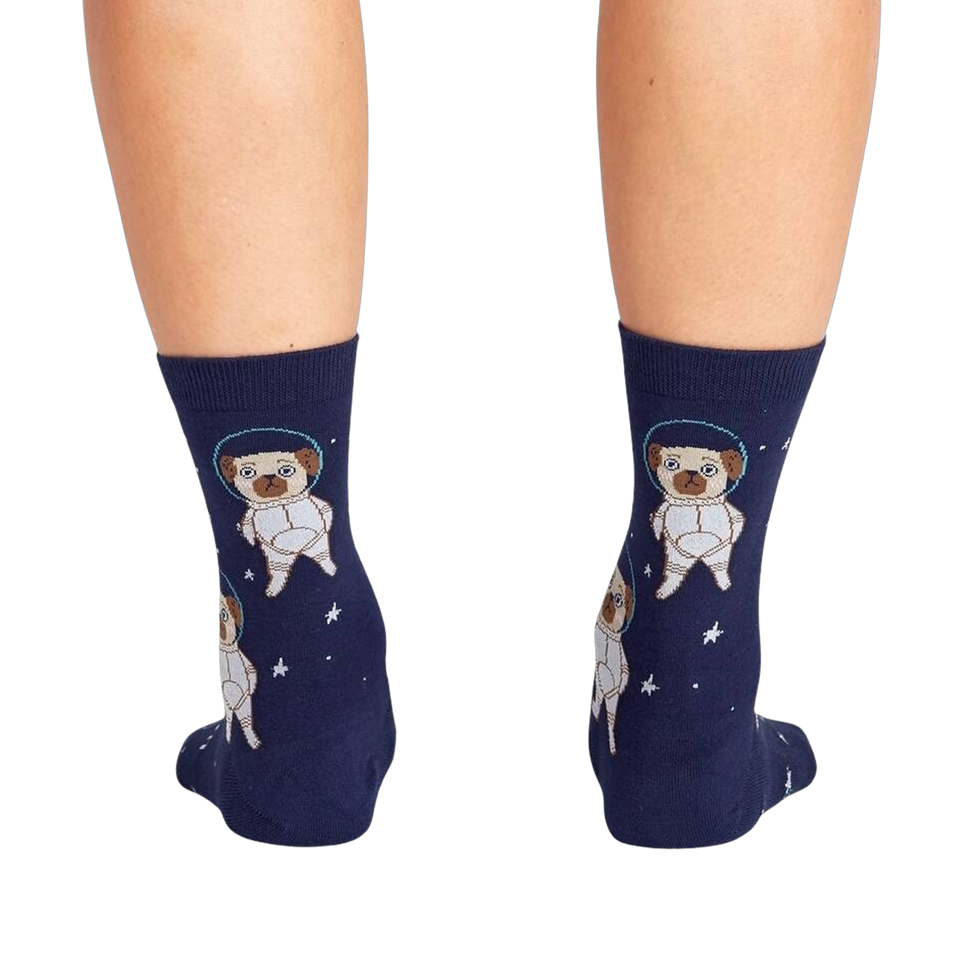 Back view of the socks on a person's legs, highlighting the full astronaut pug design on the back of the socks.