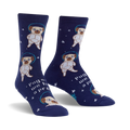 Crew socks in navy blue with a repeating pattern of pugs dressed as astronauts in space. The text 'Pugston, we have a problem' is also featured.