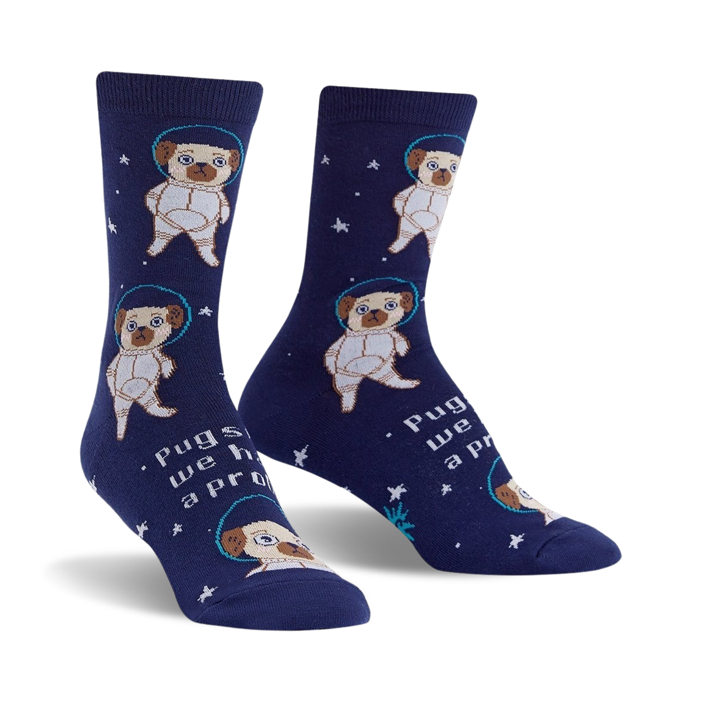 Crew socks in navy blue with a repeating pattern of pugs dressed as astronauts in space. The text 'Pugston, we have a problem' is also featured.