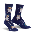 Crew socks in navy blue with a repeating pattern of pugs dressed as astronauts in space. The text 'Pugston, we have a problem' is also featured.