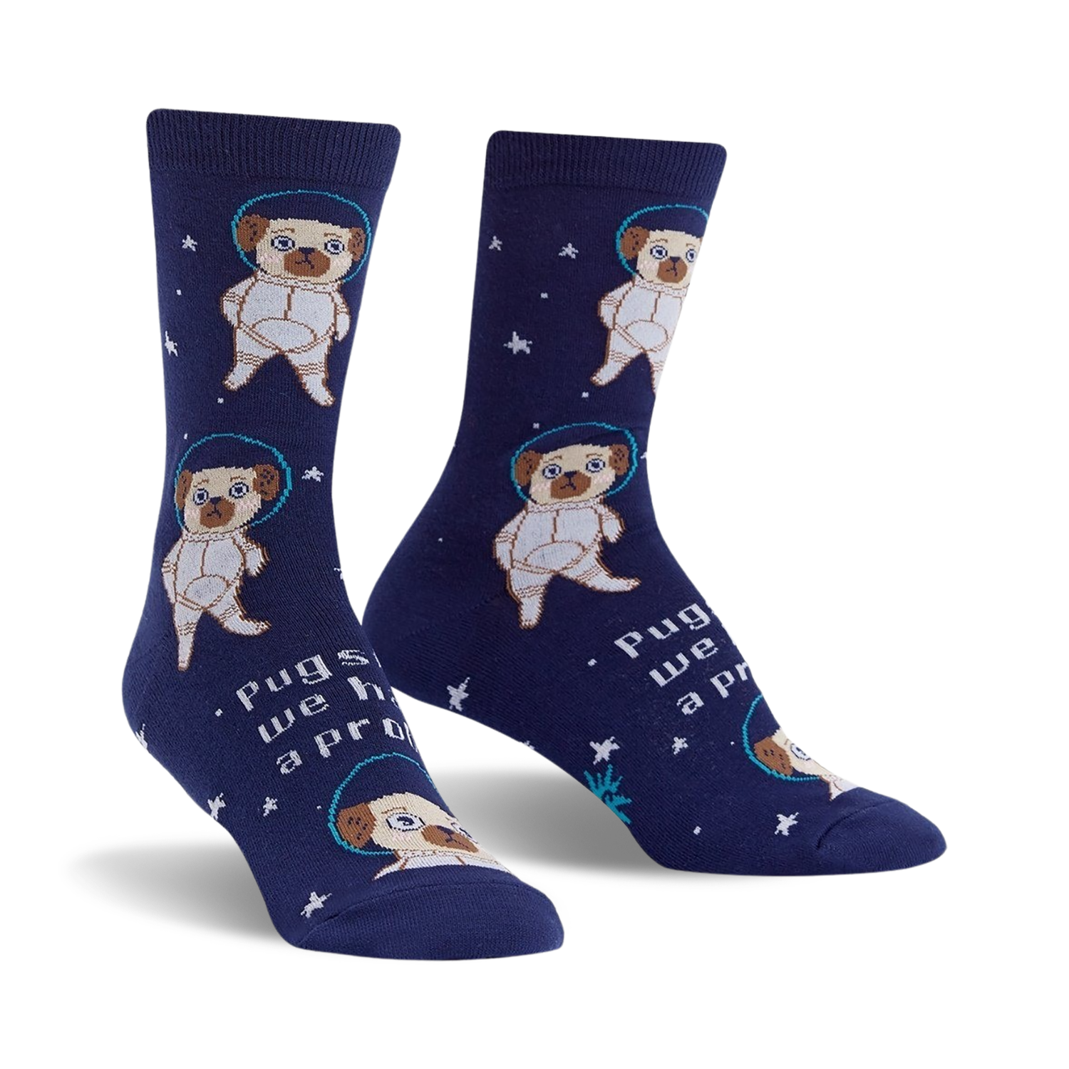Crew socks in navy blue with a repeating pattern of pugs dressed as astronauts in space. The text 'Pugston, we have a problem' is also featured.