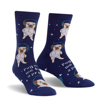 blue crew socks with cartoon space pugs and "pugston, we have a problem" text.   