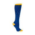 Close-up side view of a single blue knee-high sock with a yellow cuff and orbiting planet design.