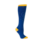 Close-up side view of a single blue knee-high sock with a yellow cuff and orbiting planet design.