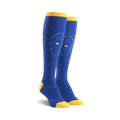 Pair of blue knee-high socks with a yellow cuff and a whimsical orbiting planet design. Small yellow stars are scattered on the sock.