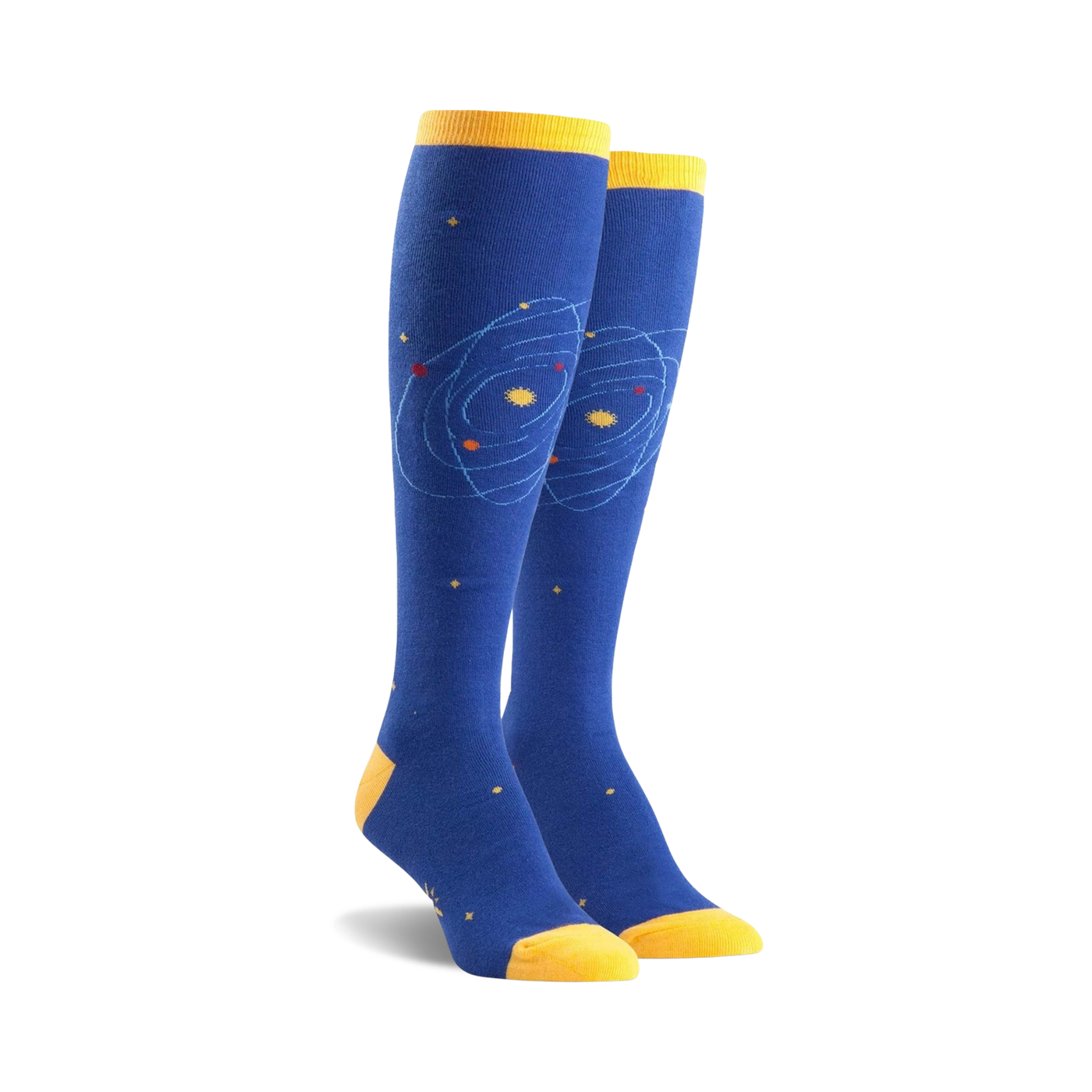 Pair of blue knee-high socks with a yellow cuff and a whimsical orbiting planet design. Small yellow stars are scattered on the sock.