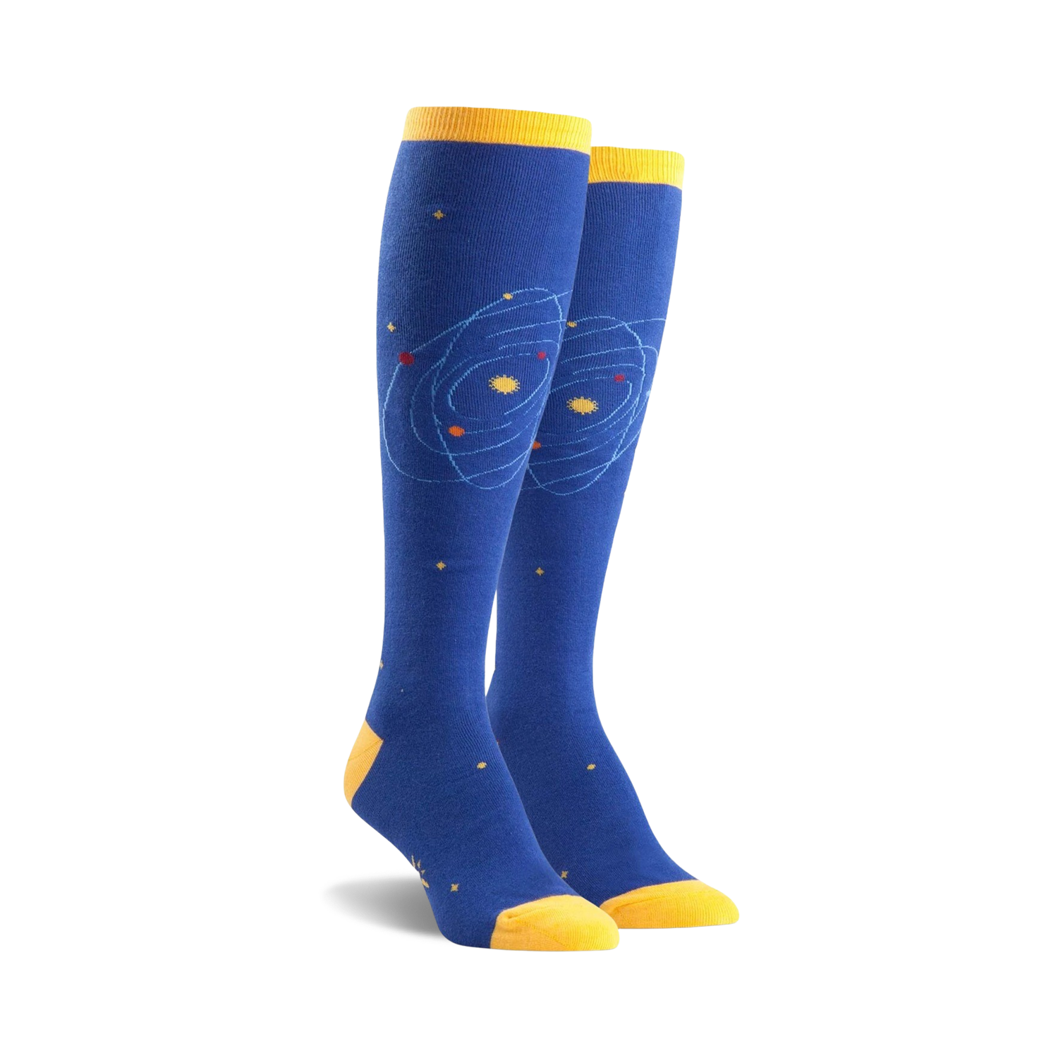 Pair of blue knee-high socks with a yellow cuff and a whimsical orbiting planet design. Small yellow stars are scattered on the sock.