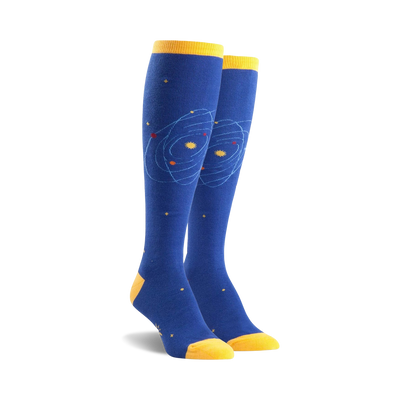 blue knee-high women's socks with planet and star pattern. space theme.  