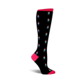 Knee-high socks in black with a pink cuff, adorned with a pattern of colorful gnomes in blue, green, and red.