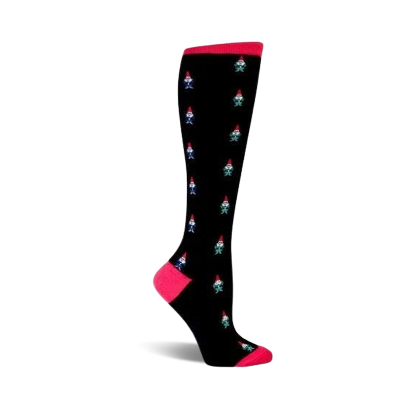 Knee-high socks in black with a pink cuff, adorned with a pattern of colorful gnomes in blue, green, and red.