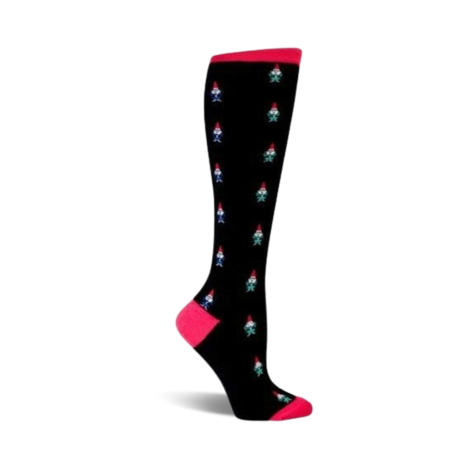 Knee-high socks in black with a pink cuff, adorned with a pattern of colorful gnomes in blue, green, and red.