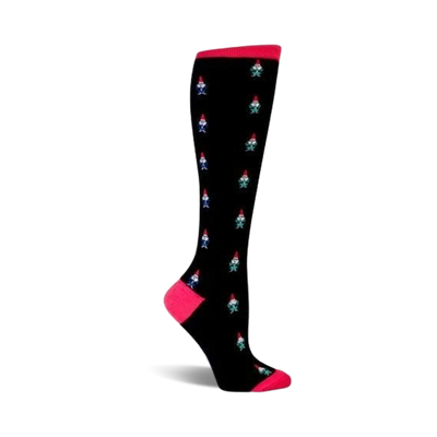 black knee-high socks with a pattern of cartoon gnomes wearing red hats, blue and green shirts, and pink pants. women's.  