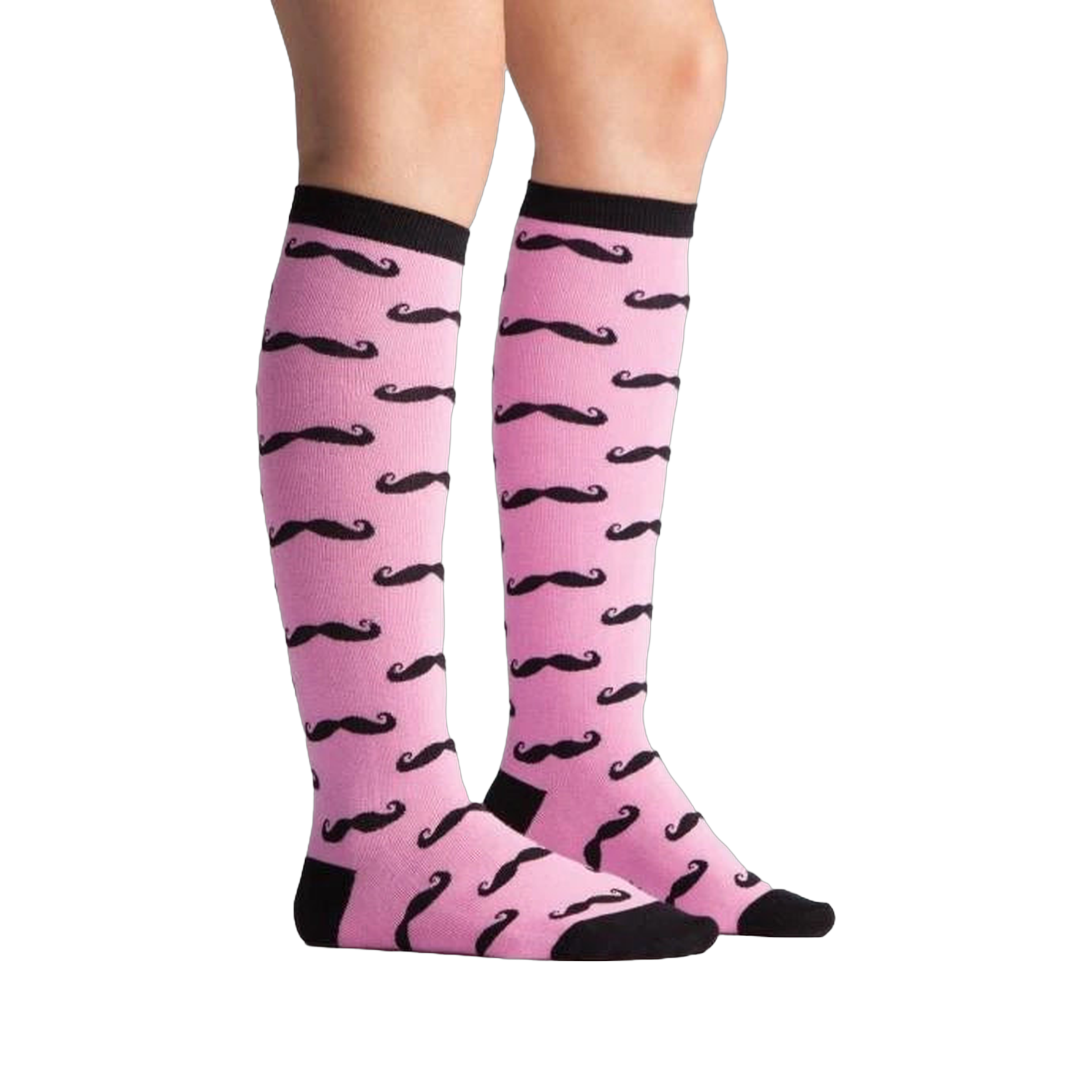 Lifestyle shot showing the Mustache knee-high socks on a person's legs. Pink and black pattern.