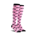 Pair of pink knee-high socks with a repeating black mustache pattern.  Black cuffs.