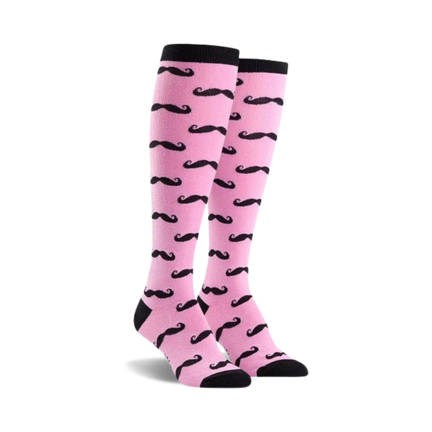 Pair of pink knee-high socks with a repeating black mustache pattern.  Black cuffs.