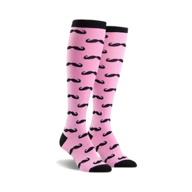 knee high pink socks with black mustache pattern and black tops.   