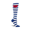 Knee-high socks in blue and white stripes.  A red heart with a black Eiffel Tower graphic is featured on the calf.