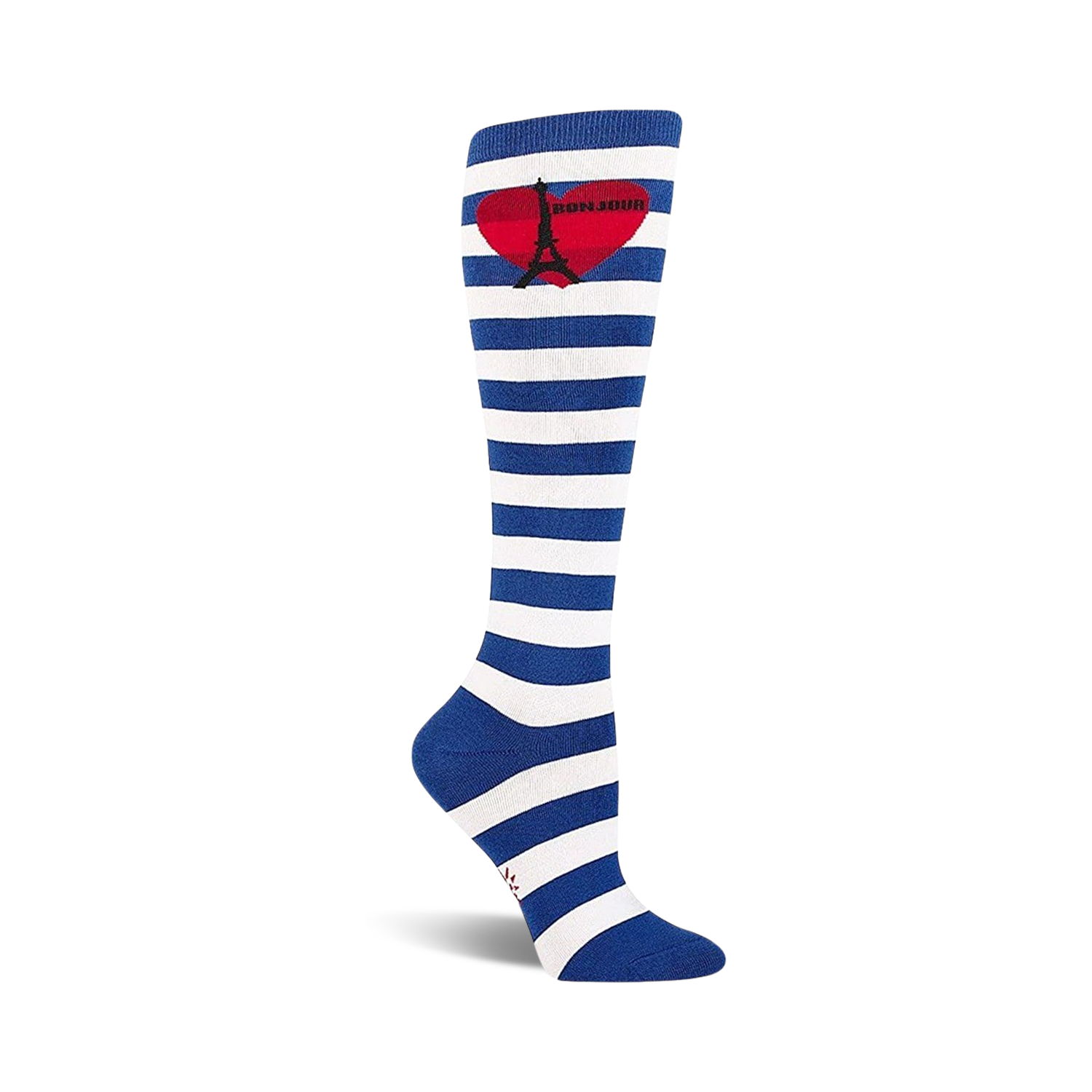 Knee-high socks in blue and white stripes.  A red heart with a black Eiffel Tower graphic is featured on the calf.
