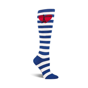 blue and white striped knee-high women's socks with eiffel tower and heart graphic.  