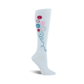 White knee-high socks adorned with colorful buttons in pink, red, and blue, connected by a teal thread design.
