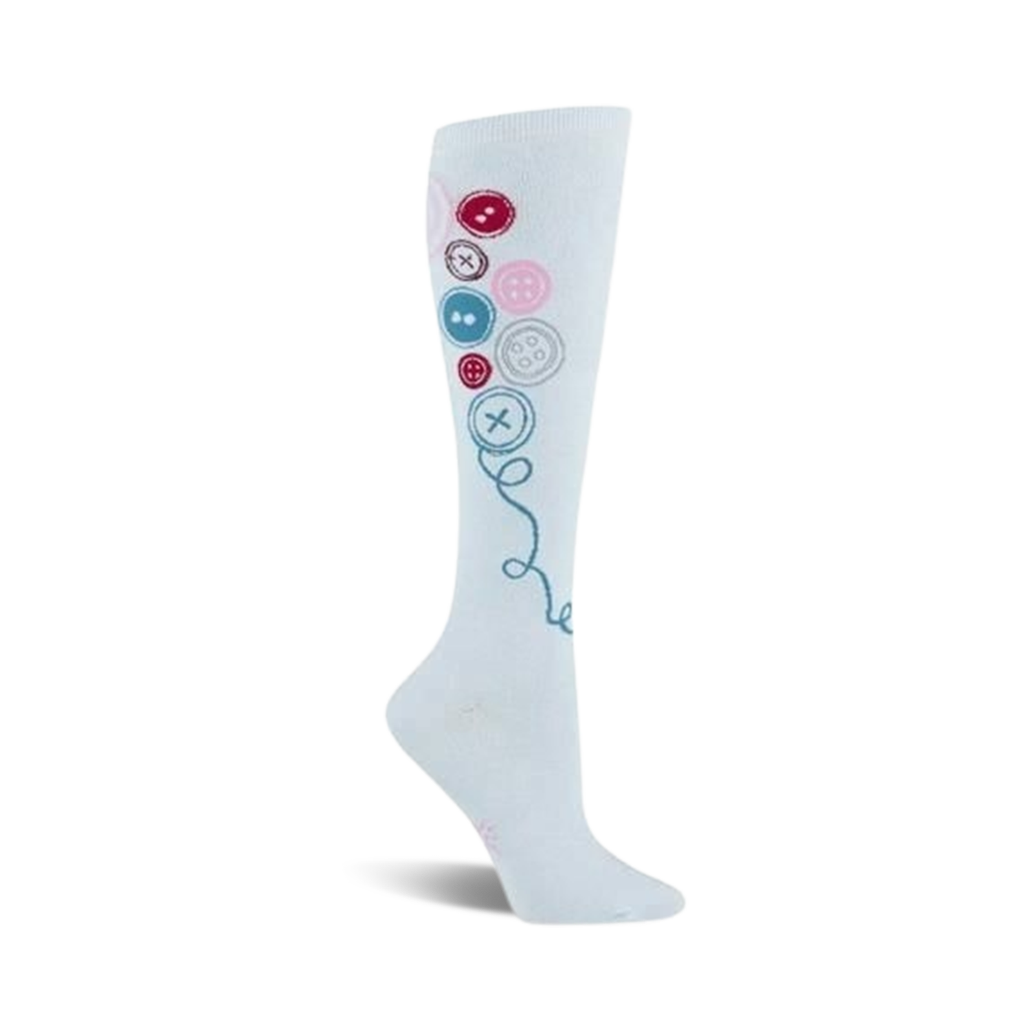 White knee-high socks adorned with colorful buttons in pink, red, and blue, connected by a teal thread design.