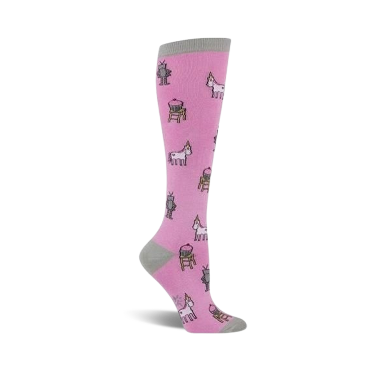 Pink knee-high socks with a whimsical pattern of unicorns, robots, and cupcakes on a light pink background. Grey cuff.