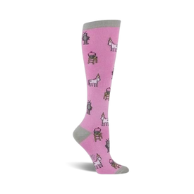 gray knee high socks with pink line and unicorn, narwhal, and cupcake pattern.  