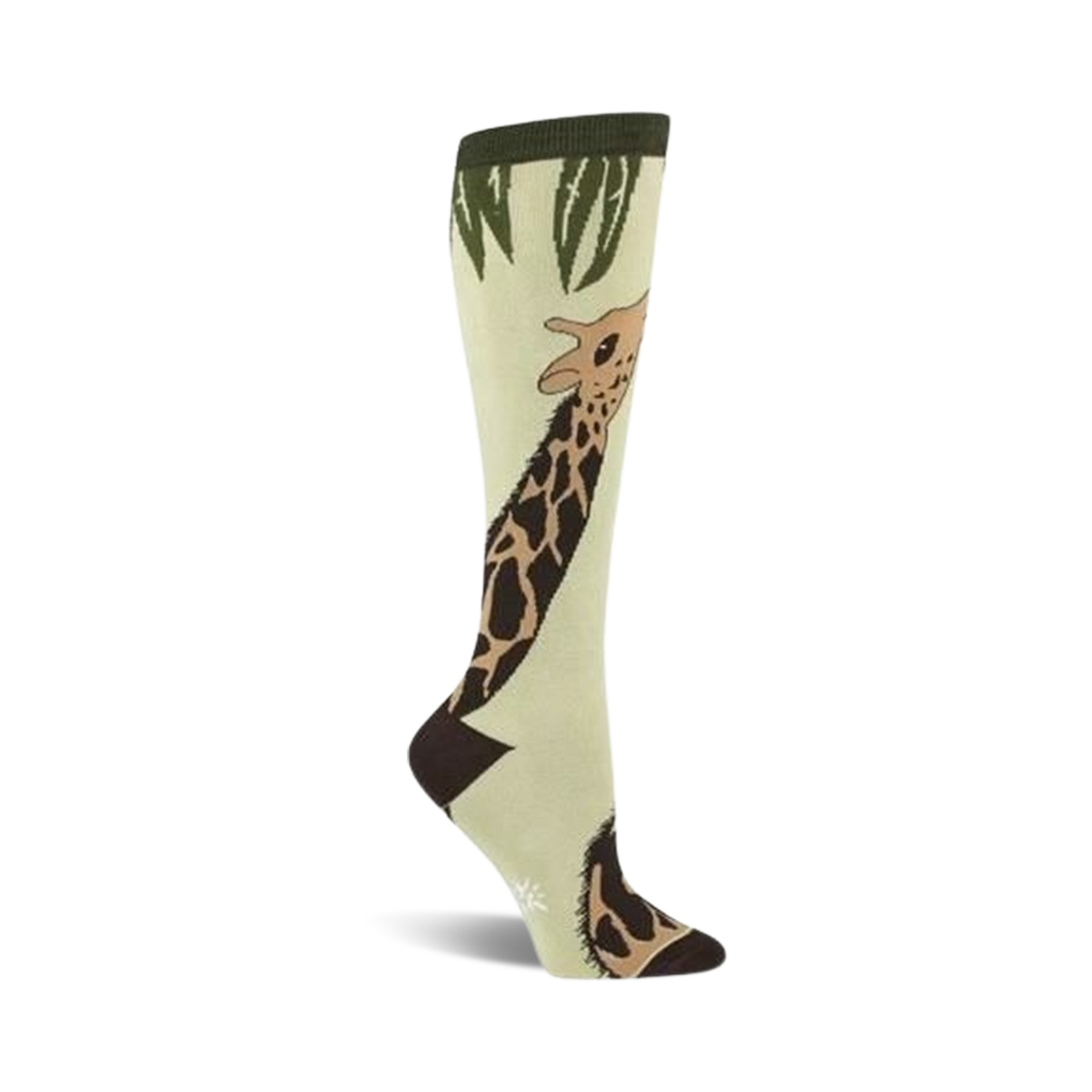 A pair of women's light green knee-high socks with a whimsical giraffe design printed on them.  The giraffe is brown and tan, and there's green foliage at the top.