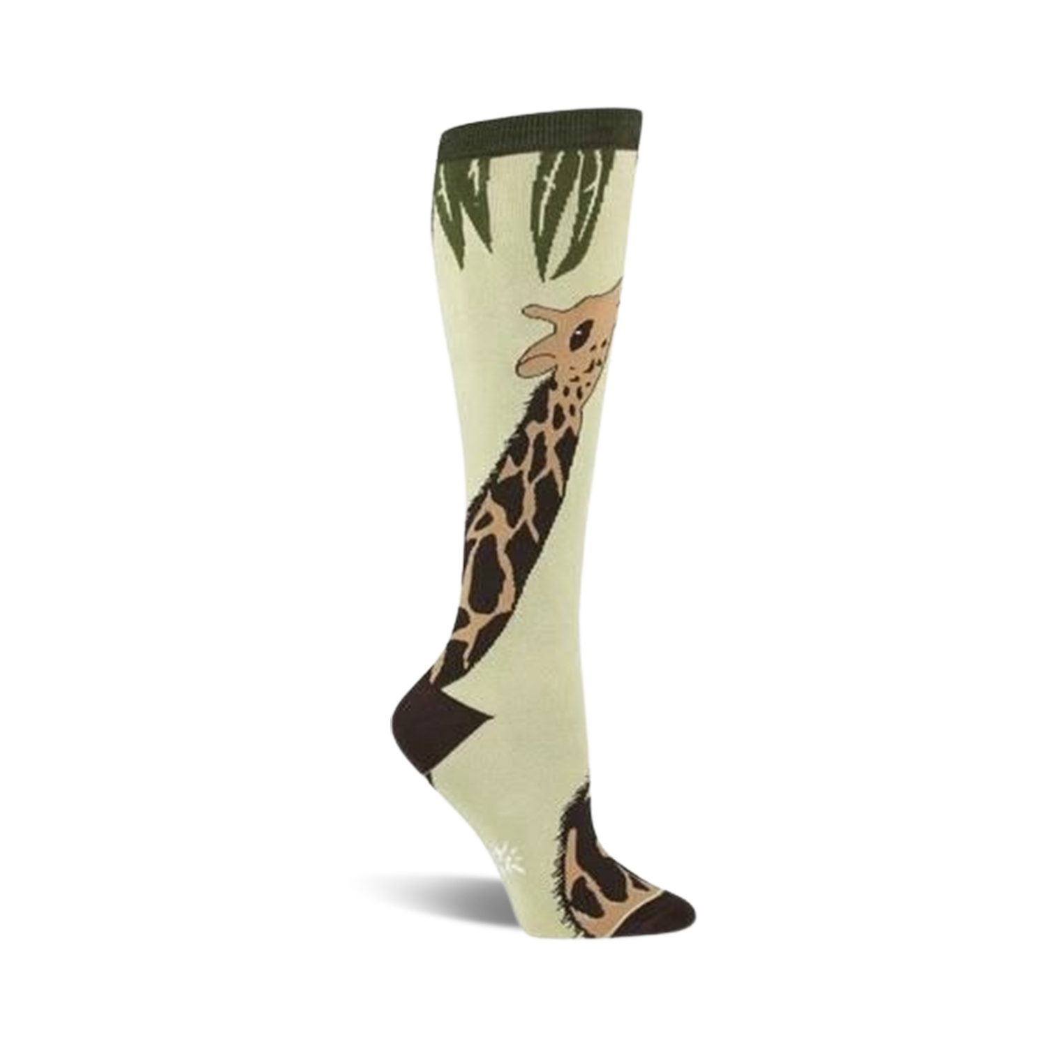 A pair of women's light green knee-high socks with a whimsical giraffe design printed on them.  The giraffe is brown and tan, and there's green foliage at the top.