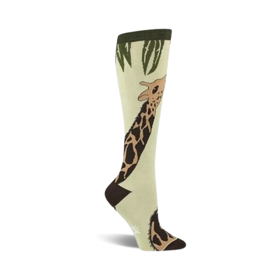  light green knee-high socks with a full-length brown giraffe with dark brown spots, a dark green top, and light green leaves.  