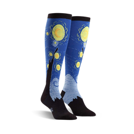 knee-high women's socks in blue with a yellow and white dot pattern and black mountain/tree shapes; art & literature theme.  