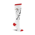 White knee-high socks with a black and white crane design. Red accents at the top and toe. 