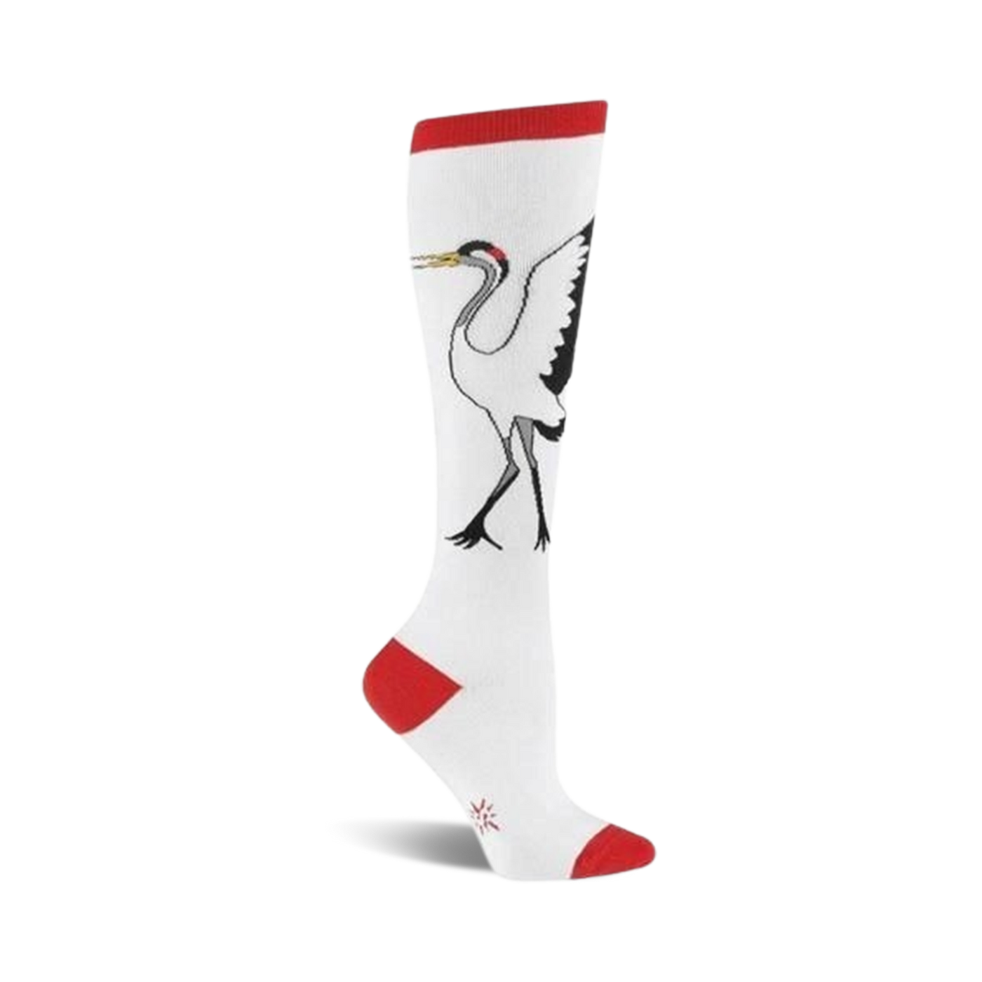 White knee-high socks with a black and white crane design. Red accents at the top and toe. 