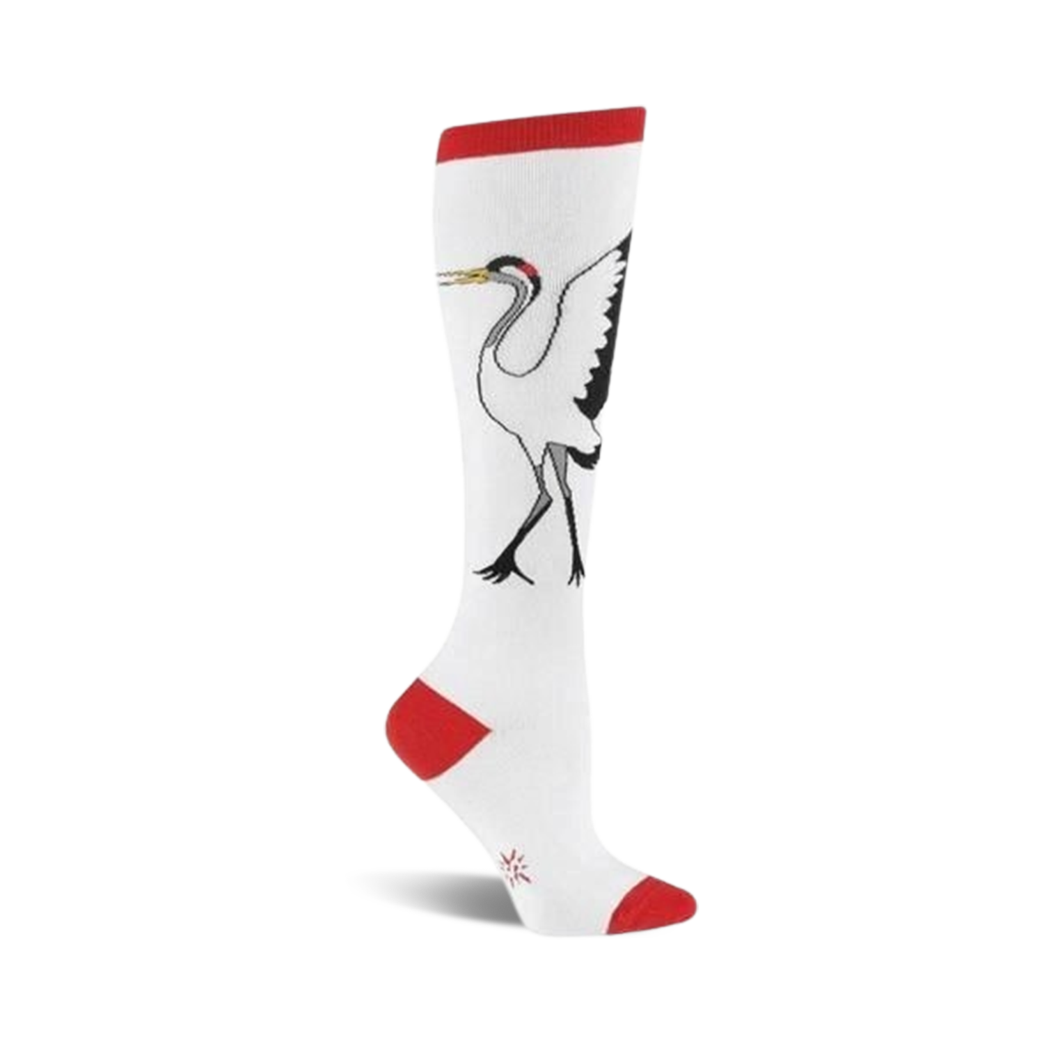 White knee-high socks with a black and white crane design. Red accents at the top and toe. 