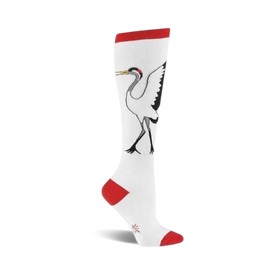 white knee-high socks with gray and black crane with red beak and feet pattern.  