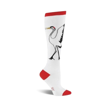 White knee-high socks with a black and white crane design. Red accents at the top and toe. 