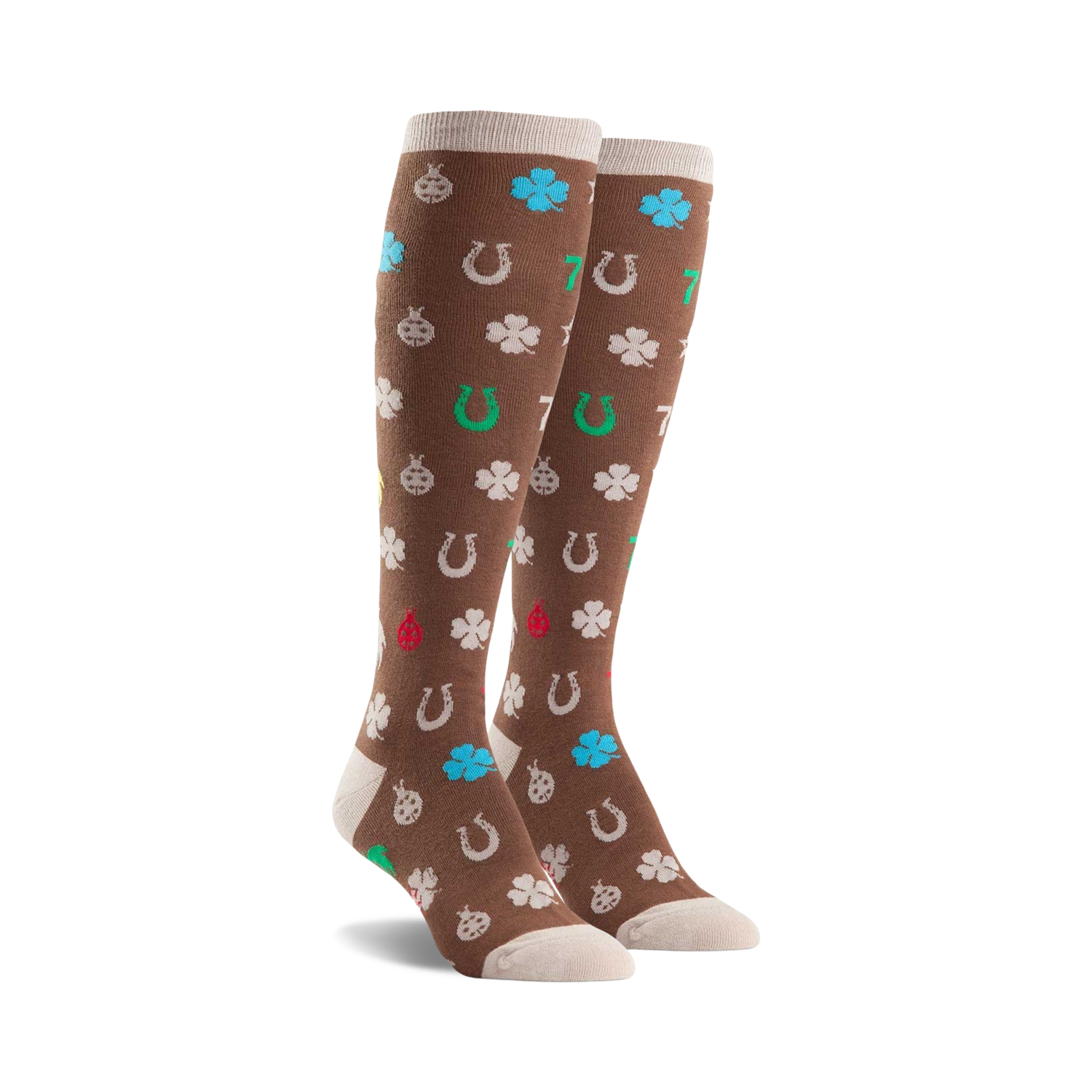 Pair of brown knee-high socks featuring a pattern of four-leaf clovers, horseshoes, ladybugs, and the number seven in various colors.