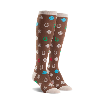 women's knee-high socks in brown featuring green cloversðÿ€, red ladybugs, blue horseshoes, and yellow number 7s.  