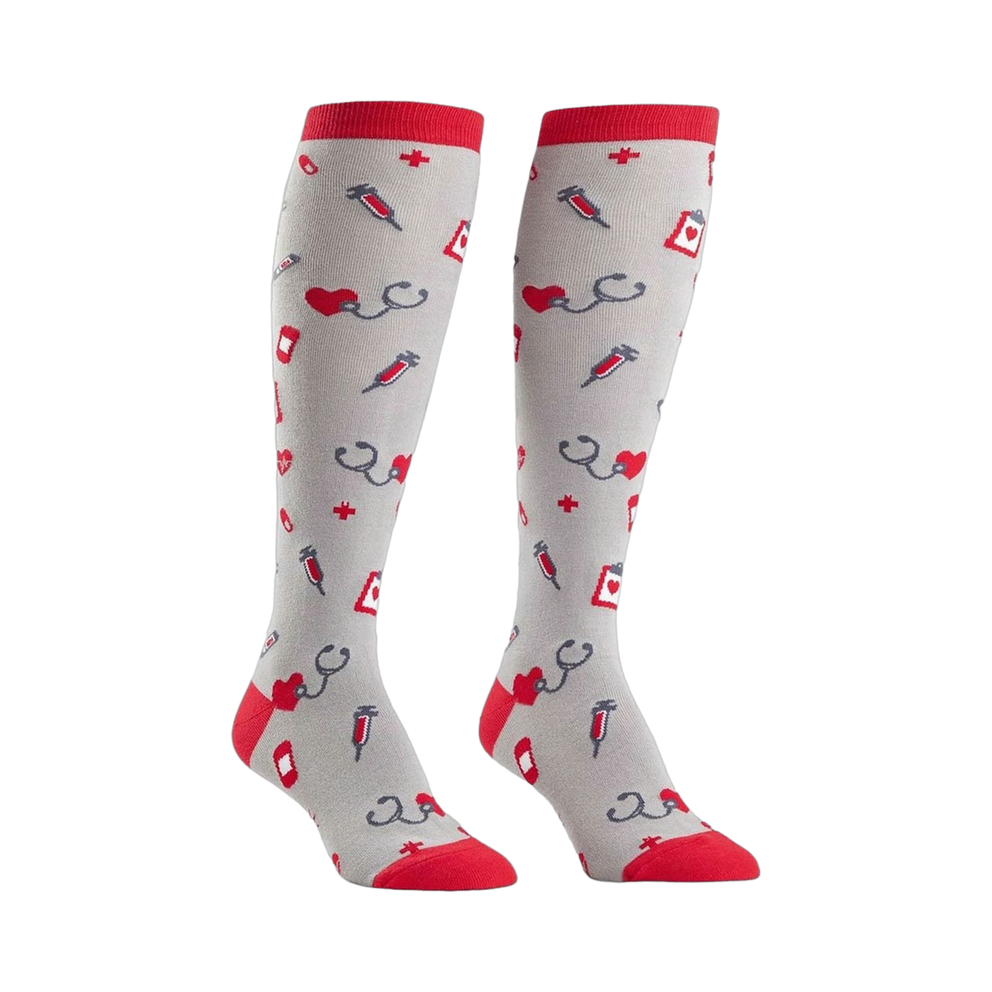 Pair of grey knee-high socks with a pattern of red hearts, stethoscopes, syringes, and medical crosses. Red cuffs.