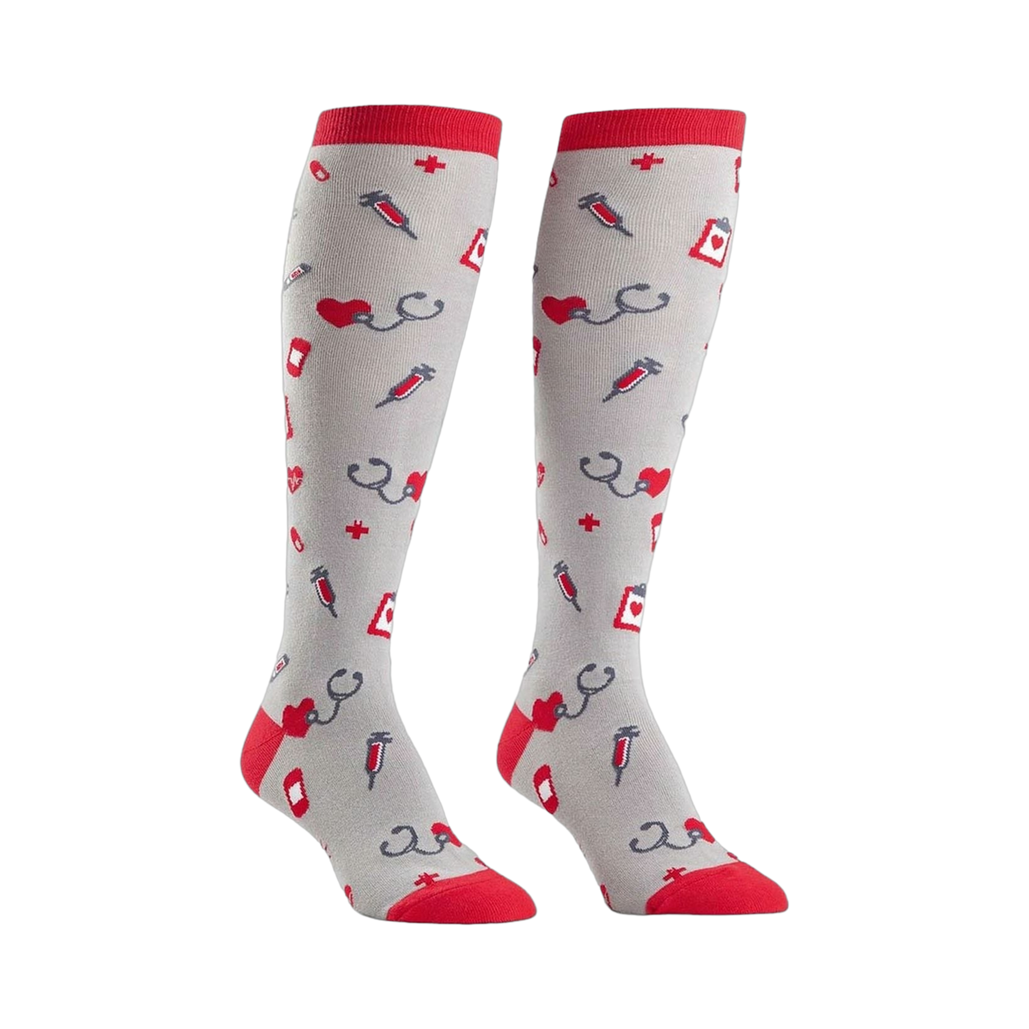 Pair of grey knee-high socks with a pattern of red hearts, stethoscopes, syringes, and medical crosses. Red cuffs.